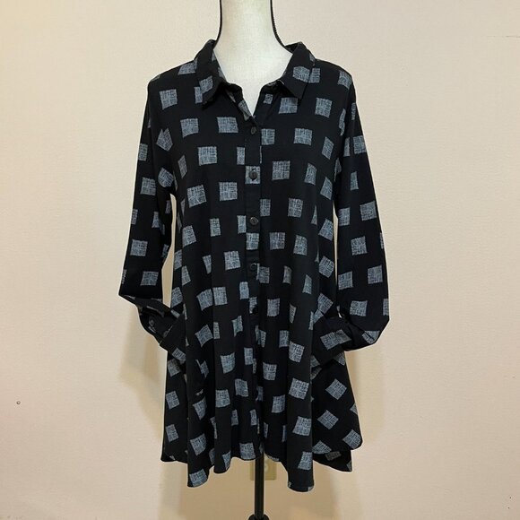 Snapdragon & Twig Collared Tunic Top Black Grid Squares Lagenlook Tunic Size S - Picture 8 of 15